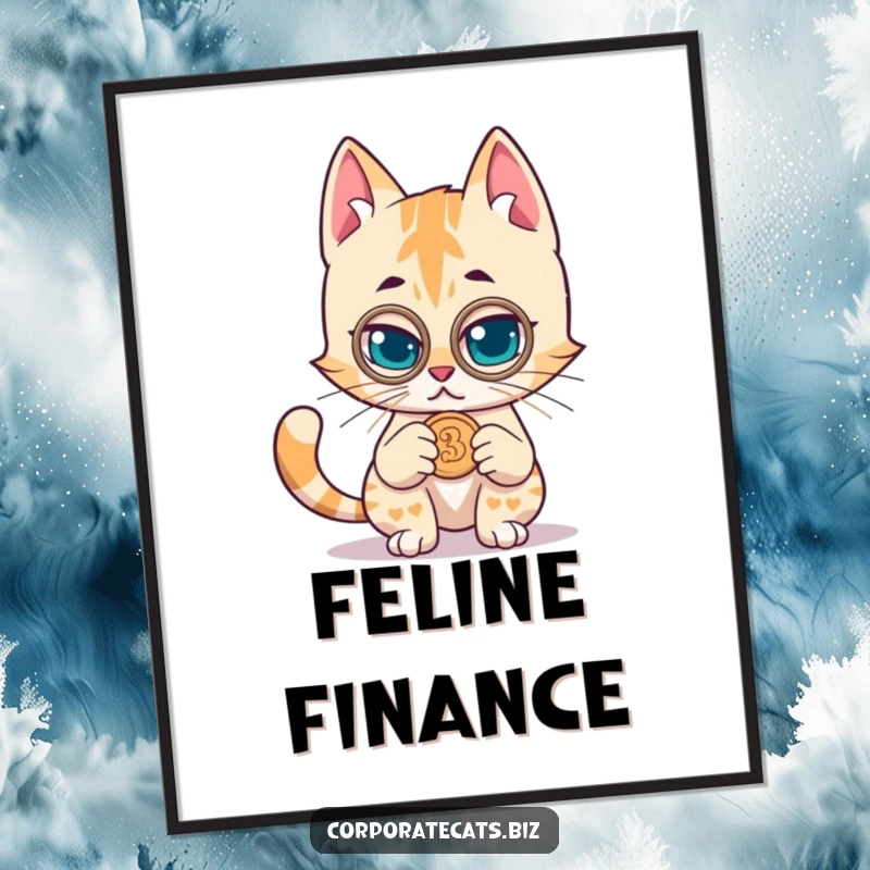 Funny poster of a mischievous cat wearing a monocle, examining a coin with intense focus, adding a humorous touch to decor.