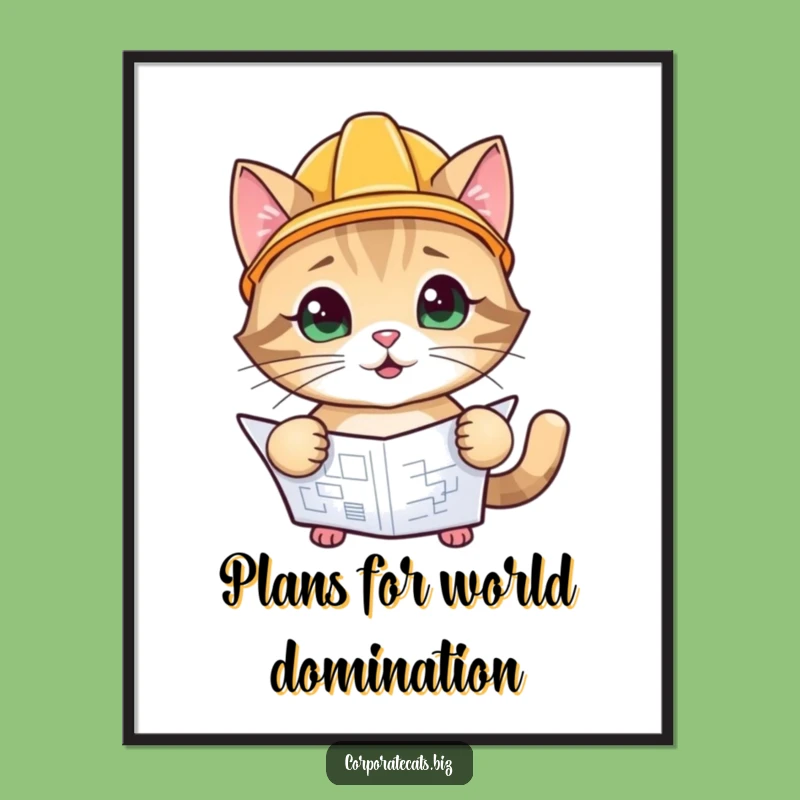 Funny Blueprint Cat Poster: Playful Cat Inspecting Plans, Quirky Wall Art, Funny Gift