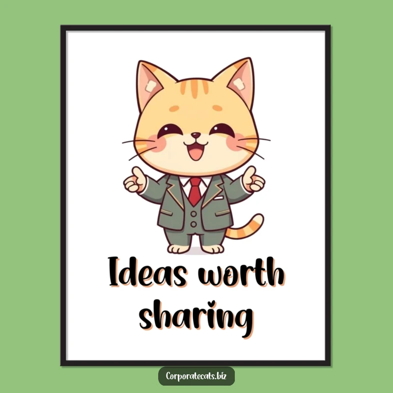 Funny Business Cat Poster: Joyful Feline in Suit Presenting, Vibrant Funny Gift Decor!