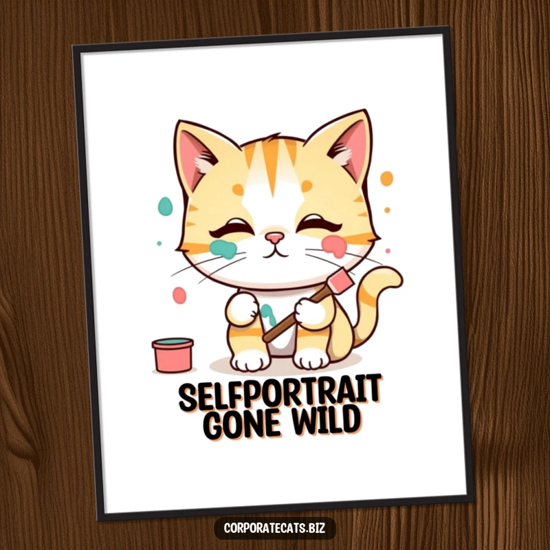 Funny Poster: A cat artist in a smock has vibrant paint smeared across its face, looking comically surprised.