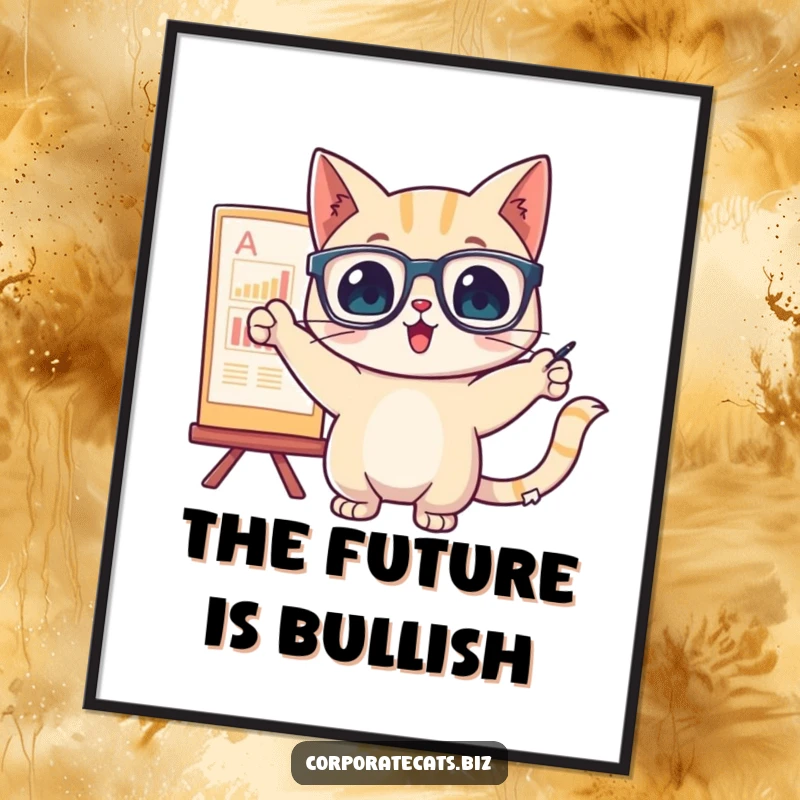 Funny cat character with glasses excitedly pointing at a stylized chart, creating humorous analytical wall art.