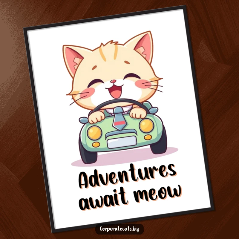 Funny cat in a necktie, driving a miniature car, this whimsical poster is a humorous piece of art and a great funny gift.