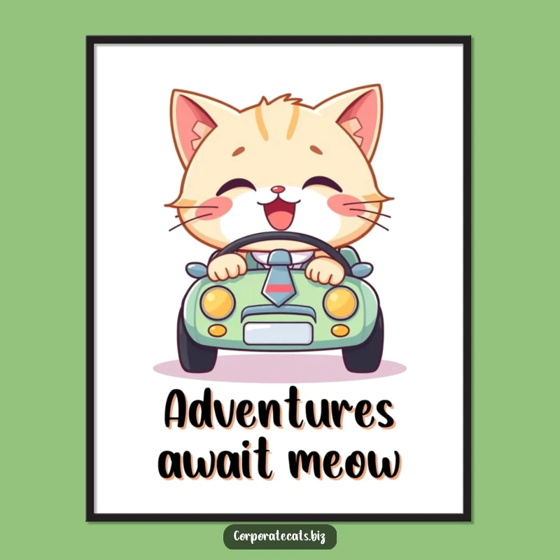Funny Cat Driver Poster - Whimsical Necktie Cat Car Art for Walls