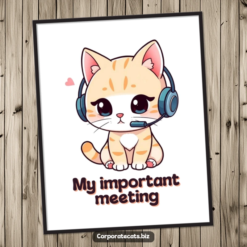 Funny Cat Gaming Poster: Artistic print of a cat wearing a headset, intensely focused on a video call, symbolizing dedication and online play.