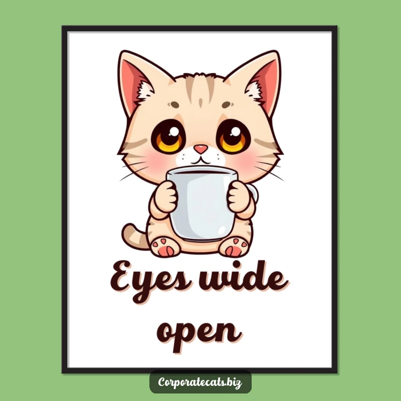 Funny Cat Morning Poster - Wide-Eyed Coffee Shock Wall Art
