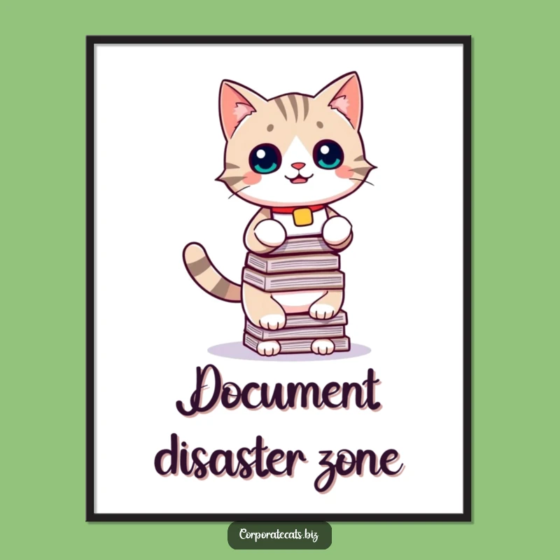 Funny Cat Poster: Playful Document Balancing Kitten Art, Humorous Wall Decor Funny Gift
