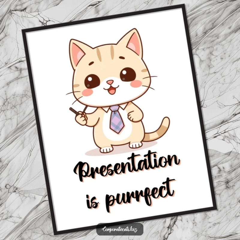 Funny cat poster depicting a cute cat wearing a small tie, using a pointer to give a presentation.