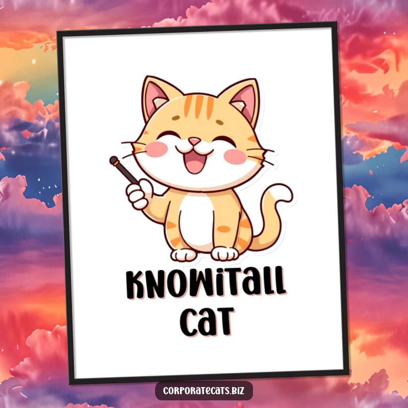 Funny joyful cat character giving a presentation with a pointer, as art, conveying confidence and smart humor, ideal for wall decor.