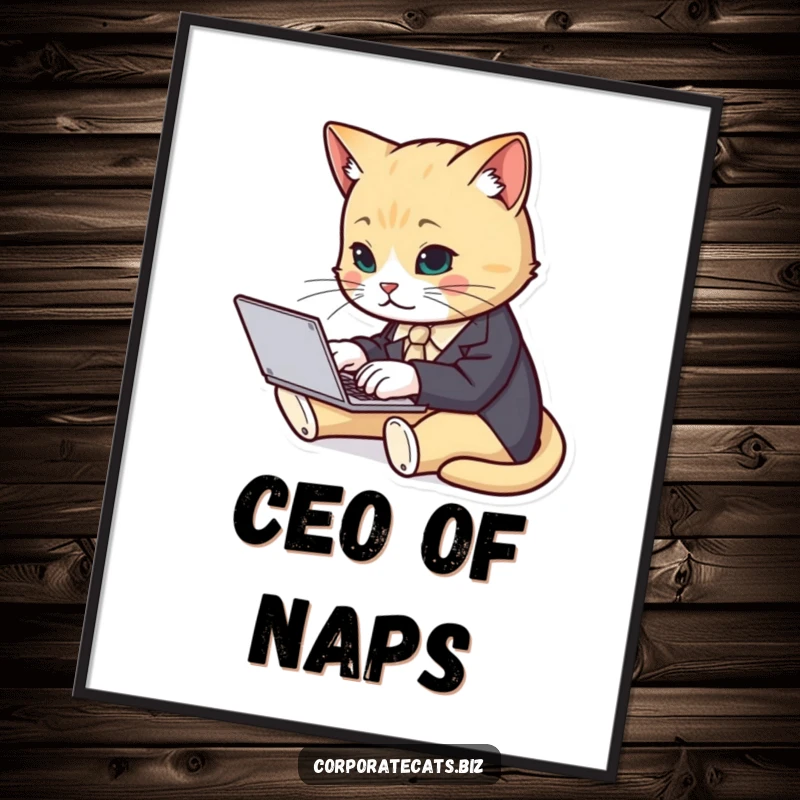 Funny cat character in a tiny suit typing rapidly on a laptop, creating a humorous office art poster.