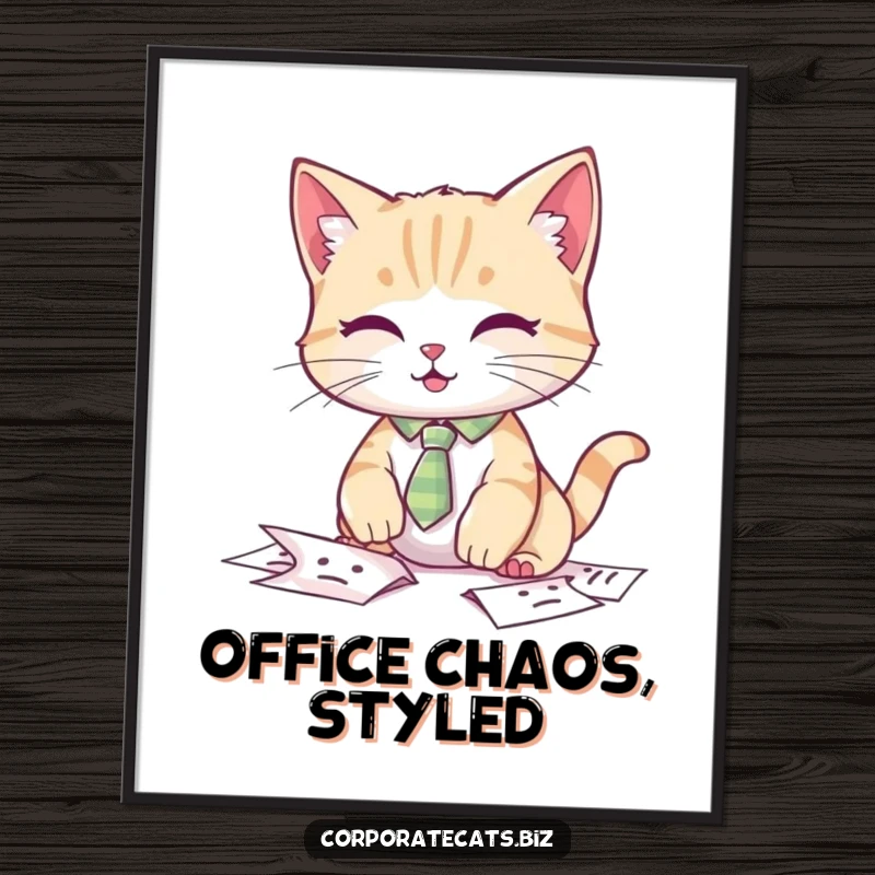 Funny cat poster, a cat wearing a small tie looking overwhelmed and dropping papers.