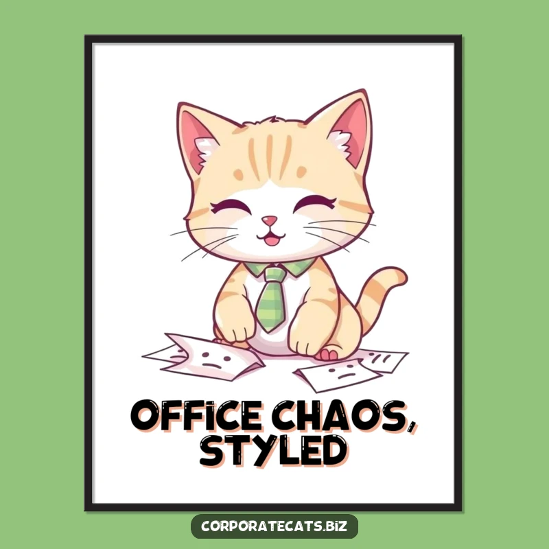 Funny Cat Tie Poster: Fumbling Papers Art, Hilarious Office Decor Gift