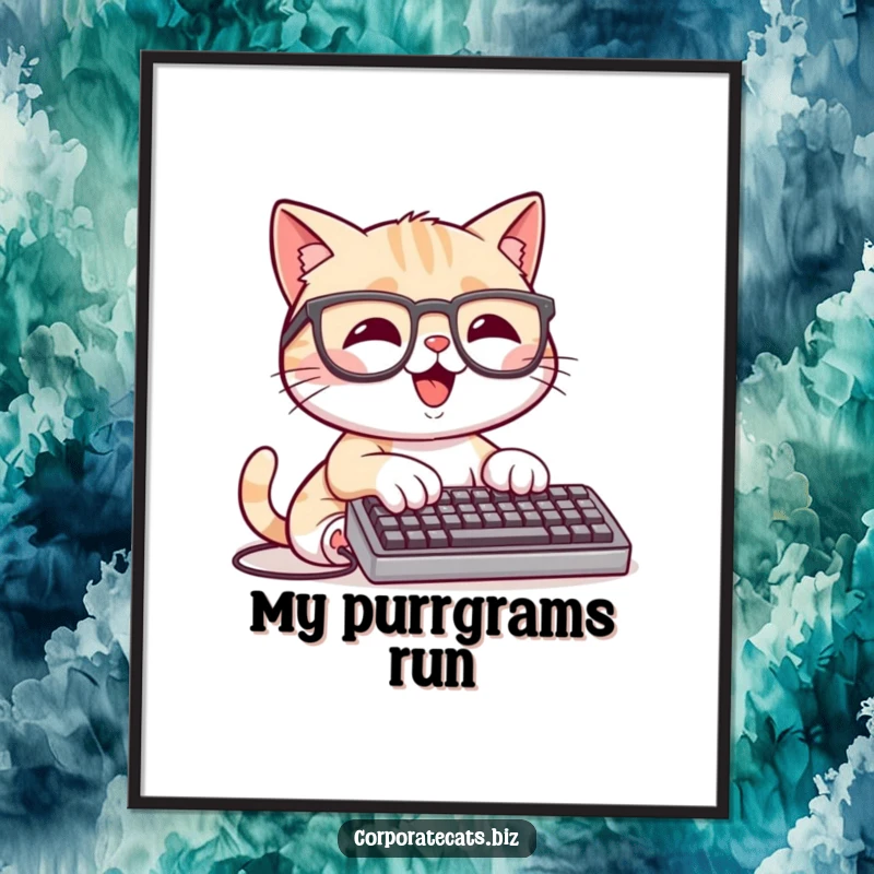 Funny Coding Cat Poster: a happy cat character wearing glasses, typing furiously on a tiny keyboard, celebrating tech life.