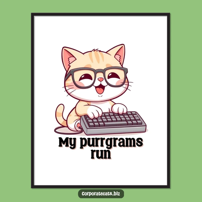 Funny Coding Cat Poster: Happy Cat at Keyboard, Quirky Wall Art, Unique Funny Gift