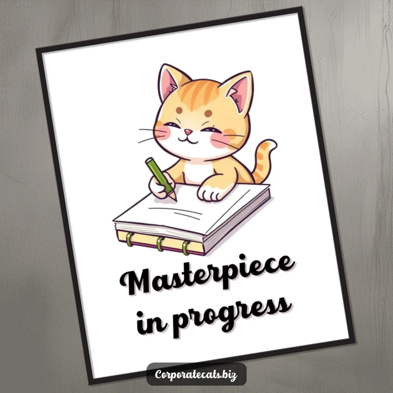 Funny poster of a creative cat sketching in a notepad, adding artistic flair and humor to any room's decor.
