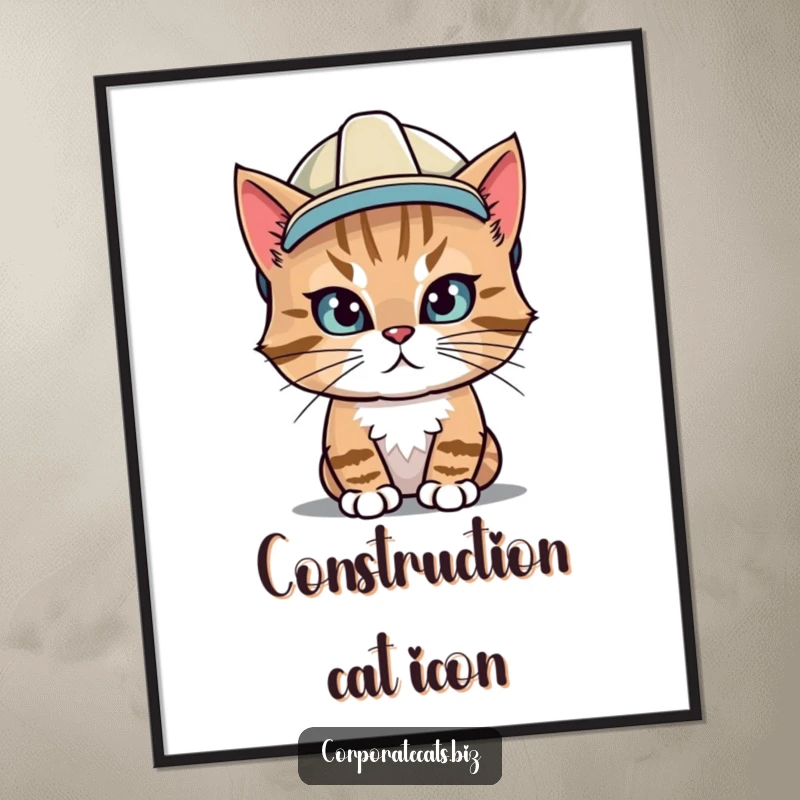 Funny poster art of a determined cat wearing a hard hat, ready to get the job done with a humorous twist.