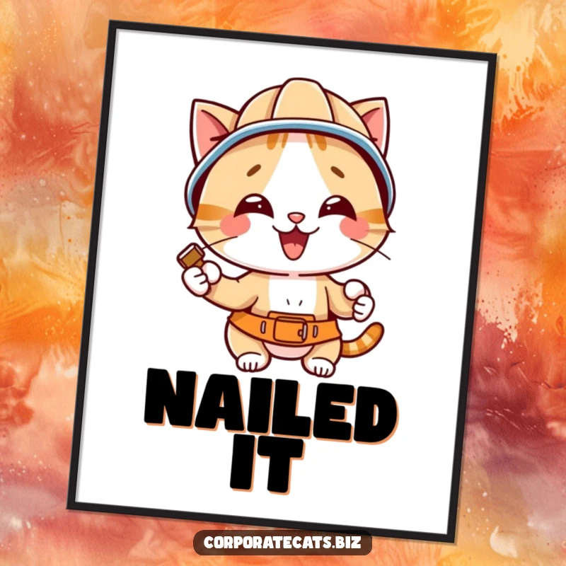 Funny cat wearing a hard hat and holding a hammer, depicted as a charming and comical construction worker on a poster.