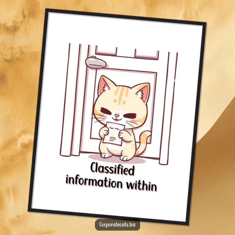 Funny Mystery Cat Poster: a mischievous cat character slipping a tiny memo under a door with a smirk, creating intrigue.
