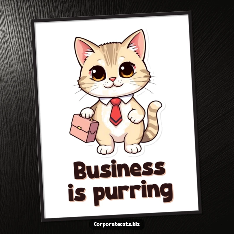 Funny Office Cat Poster showcasing a cute cat character in a tiny tie and holding a briefcase, ready for business.