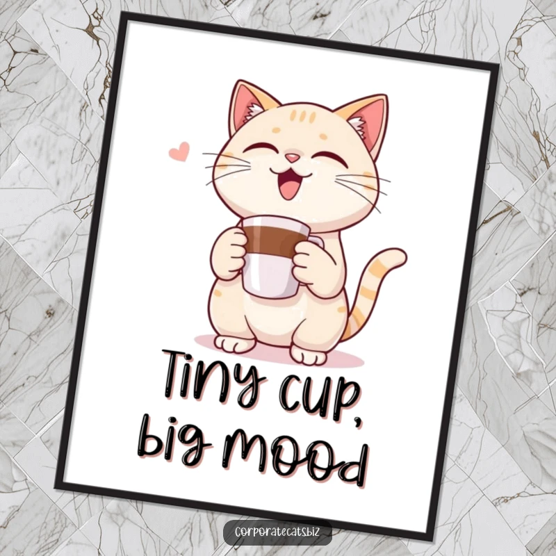 Funny poster featuring a triumphant cat character proudly holding a miniature coffee cup, adding a humorous touch to decor.