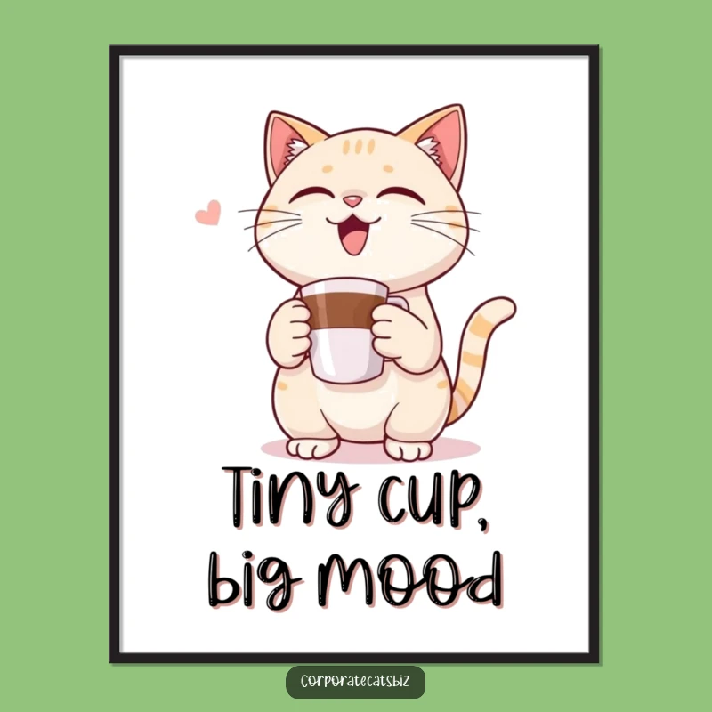 Funny Poster: Cat's Tiny Coffee Cup Triumph - Humorous Wall Art Gift!