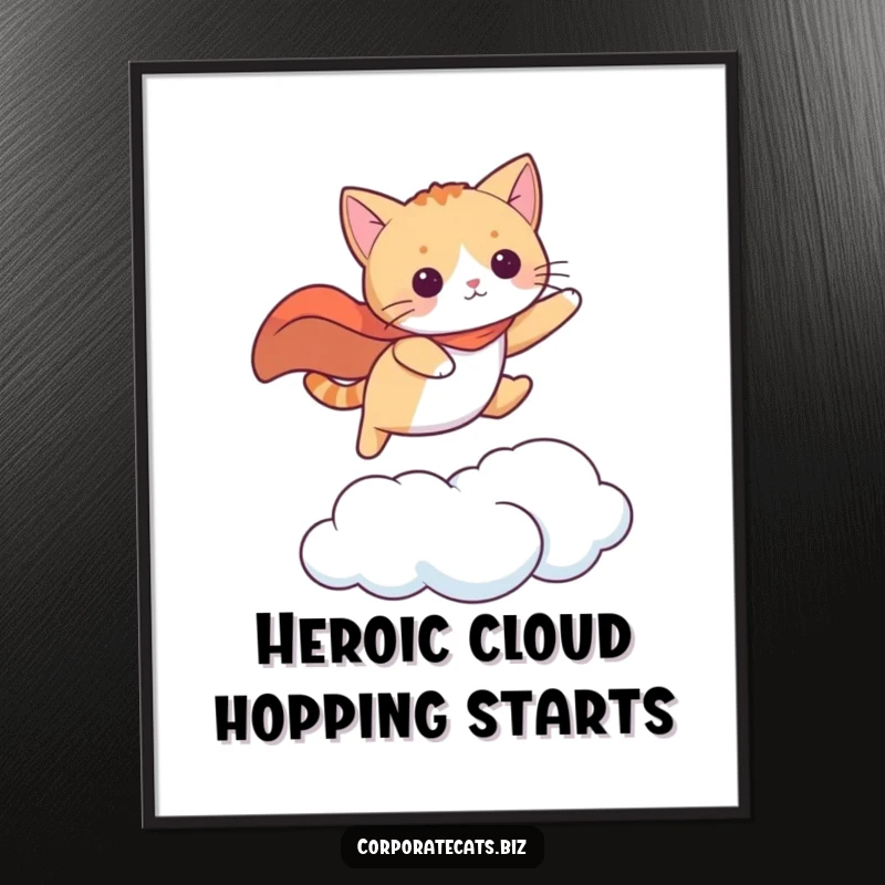 Funny cat in a cape leaping between clouds, a heroic and adventurous wall art. A great funny gift.
