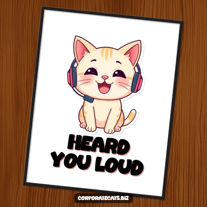 Funny poster featuring a cheerful cat wearing a tiny headset and talking, perfect for gaming or home office decor.