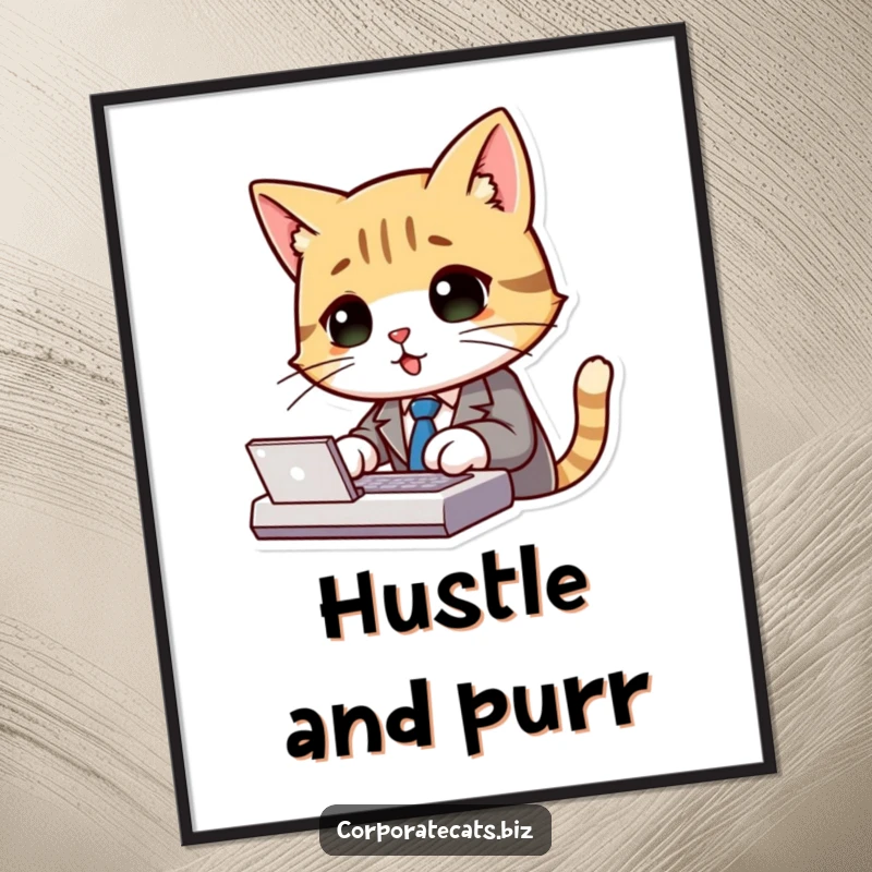 Cute cat in a suit and tie, typing energetically on a keyboard, depicted as funny wall art.