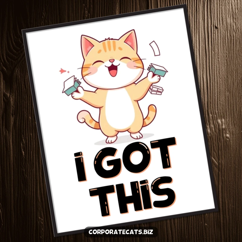 Funny poster artwork of a cheerful cat character masterfully juggling numerous small paper stacks, suggesting a humorous take on productivity.