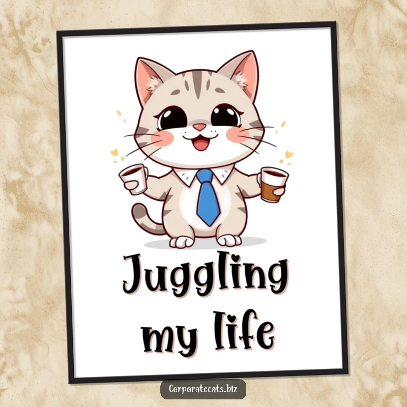 Funny cat character in a tiny tie, grinning and juggling coffee cups, as art, conveying coffee humor and multitasking, ideal for decor.