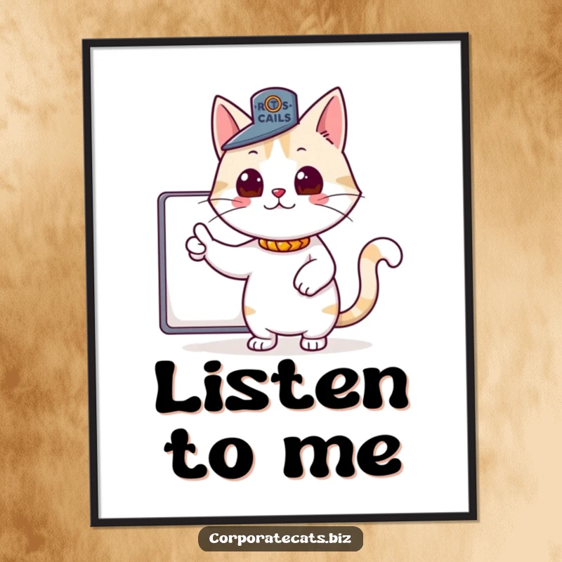 Funny poster featuring a proud cat wearing a small boss hat and pointing authoritatively, ideal for motivational and humorous wall decor.
