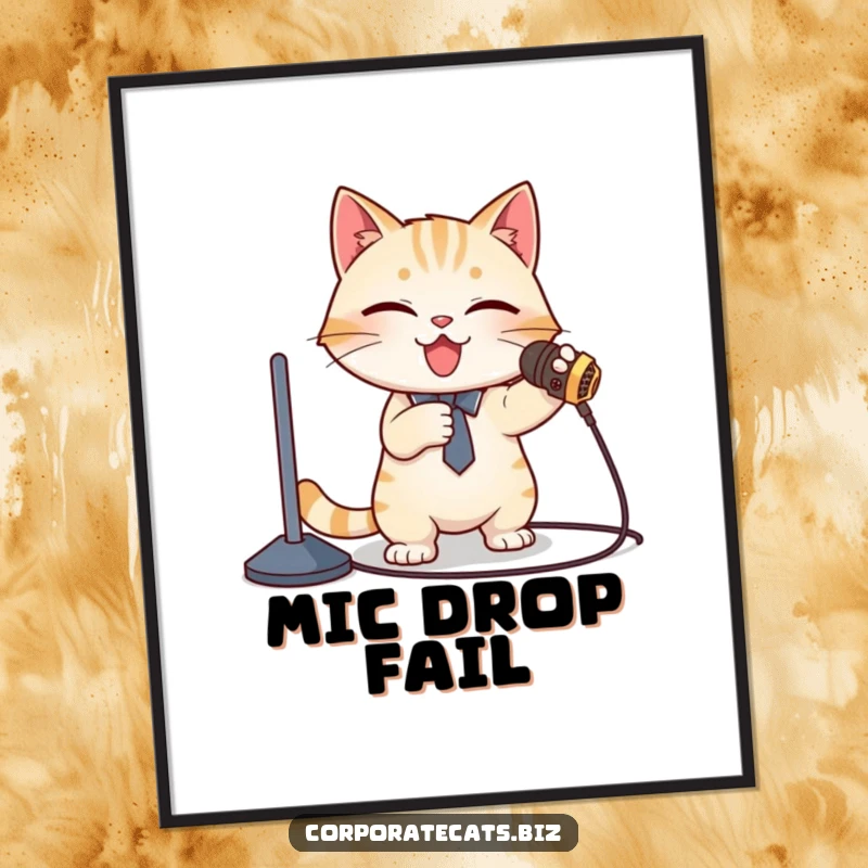 Funny Poster: A cat presenter in a suit trips over a microphone cord, falling comically during a presentation.