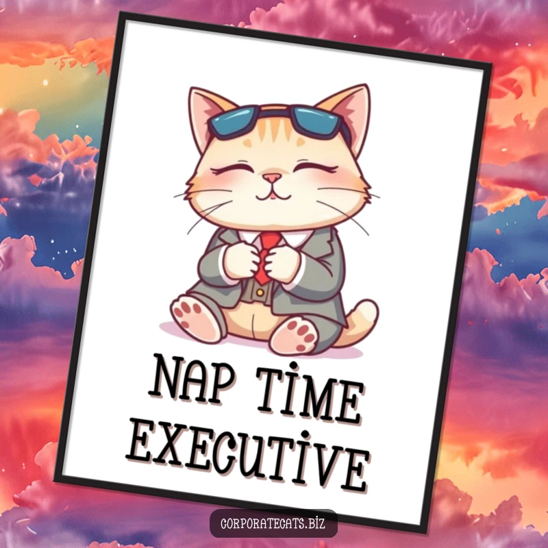Funny poster art of a content cat in a tiny business suit peacefully napping, radiating relaxation and humor.