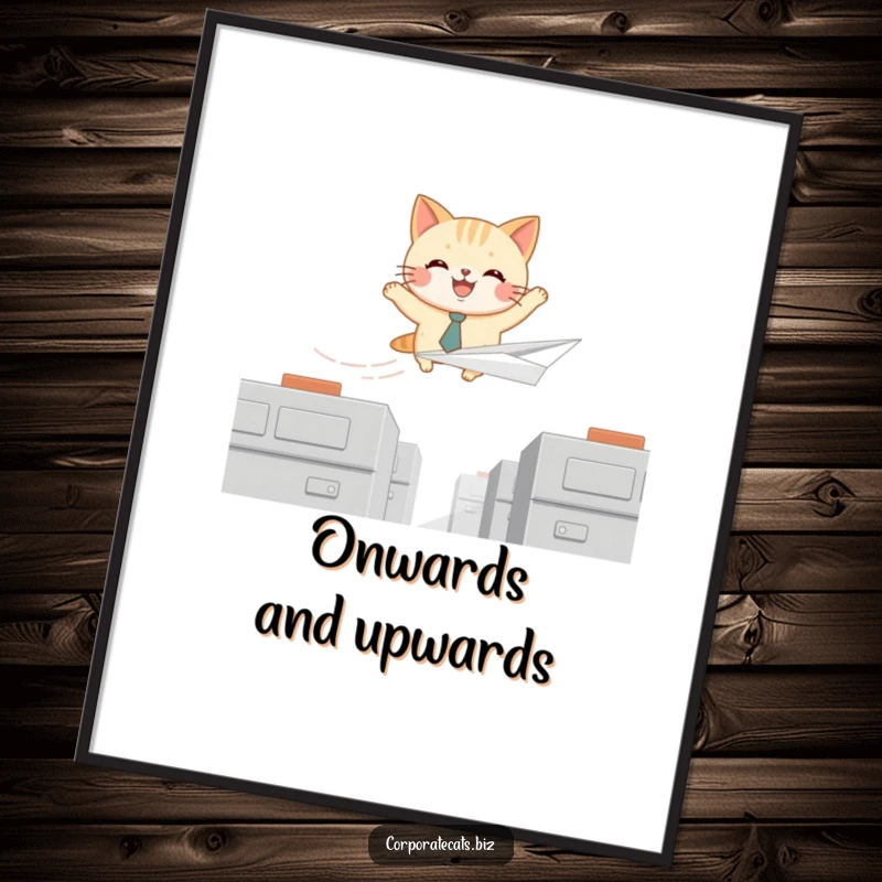 Funny poster artwork of a joyful cat wearing a small tie, soaring on a paper airplane, ideal for whimsical and inspiring wall decor.