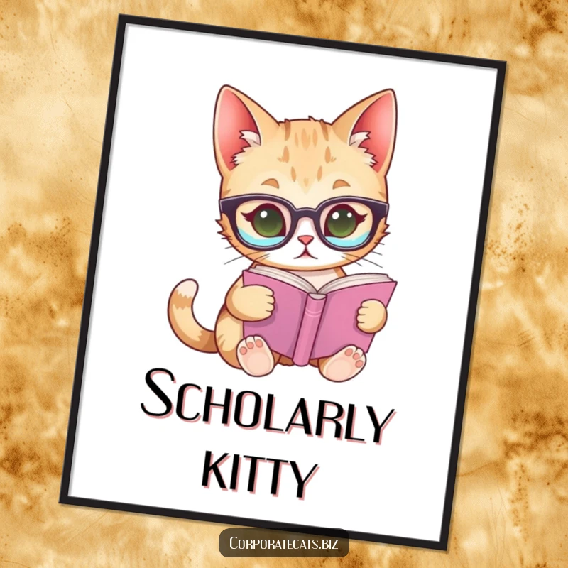 Funny poster art of a curious cat wearing glasses, engrossed in a tiny book, perfect for a study or library decor.