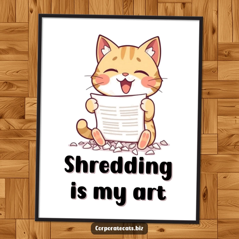 Funny poster depicting a cat gleefully shredding a document with its paws, ideal for adding humorous wall decor.