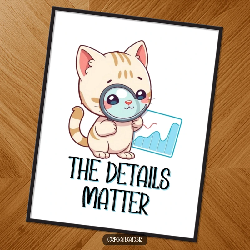 Funny cat with a magnifying glass, focused on a graph, creating a humorous and intriguing scene for wall art.