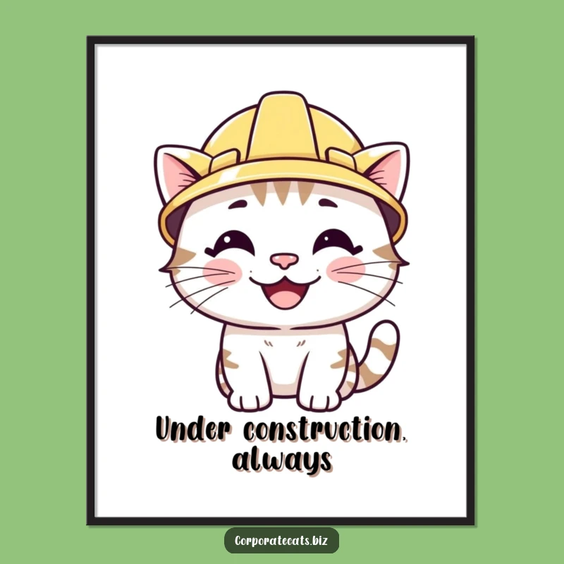 Funny Smiling Cat Poster: Wearing Hard Hat, Hilarious Wall Art for Builders