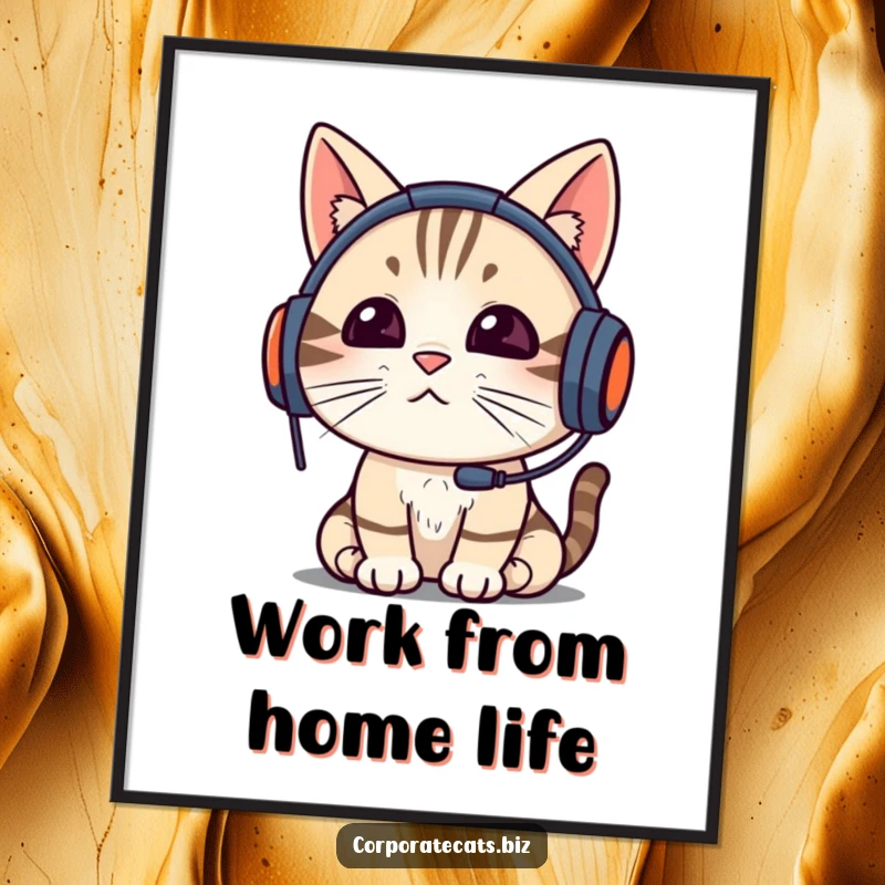 Funny cat wearing a headset, actively participating in a video call, presented as a humorous wall art poster, a unique funny gift.