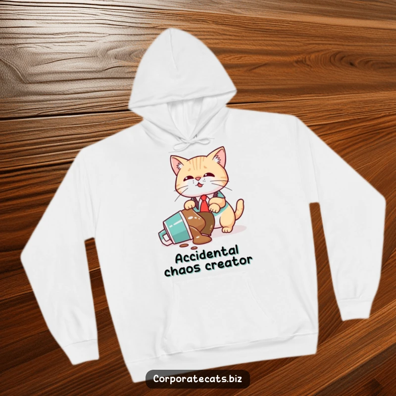 Funny Hoodie: A stressed cat executive spills hot coffee, creating a funny, chaotic mess on their desk.
