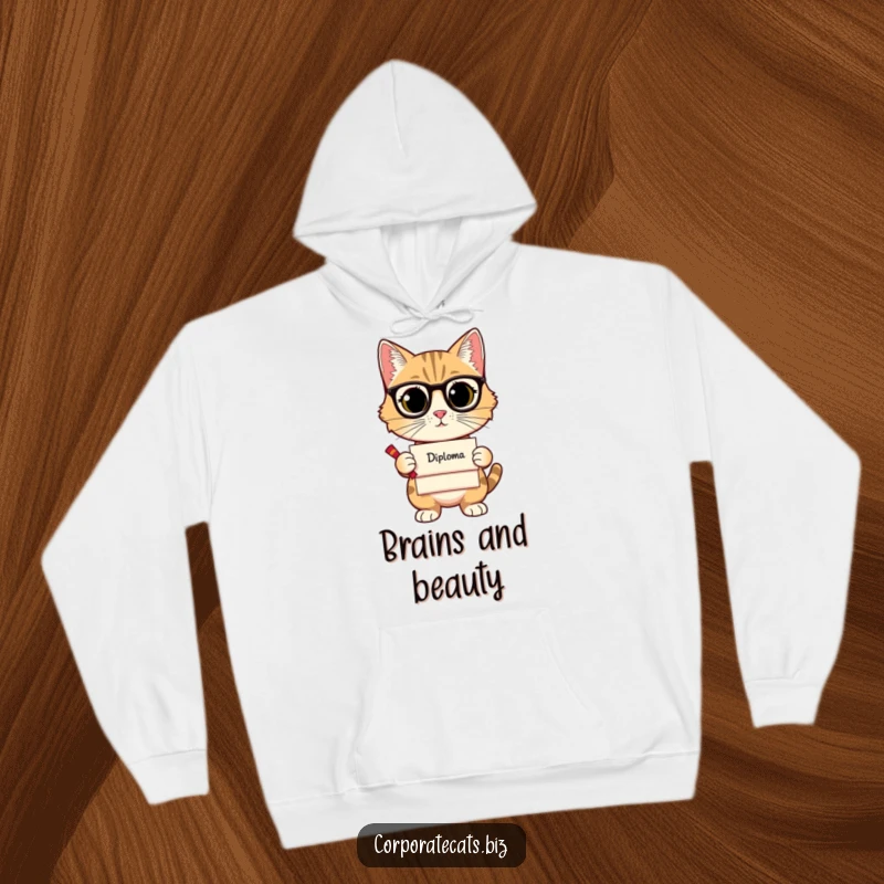 Funny hoodie featuring a sophisticated cat holding a diploma, offering warmth, wisdom, and humor for graduates and intellectuals.