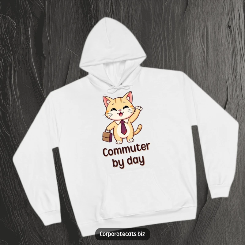 Funny cat business hoodie with a smiling cat wearing a tie and waving a briefcase, ready for a productive day.