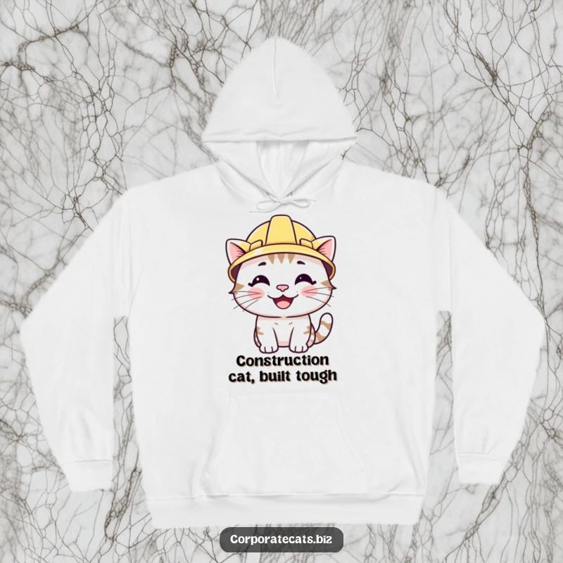 Funny hoodie with a smiling cat character sporting a small hard hat. Cozy, protective, and comical.