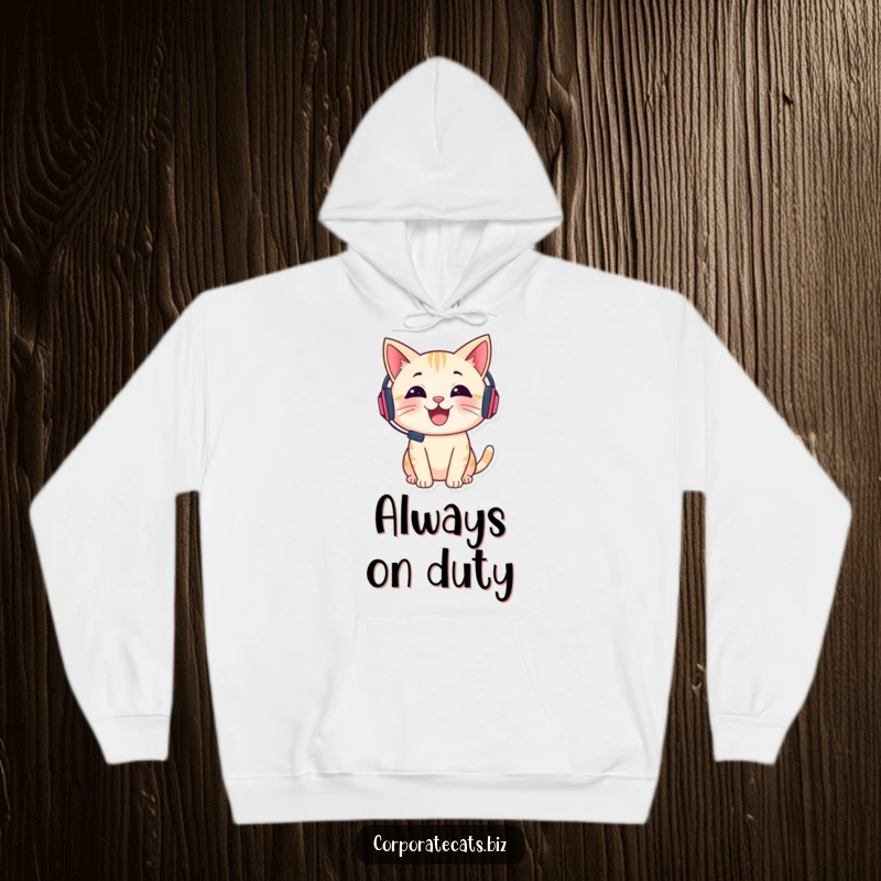Funny hoodie featuring a cheerful cat wearing a tiny headset and talking, offering cozy and relatable humor.