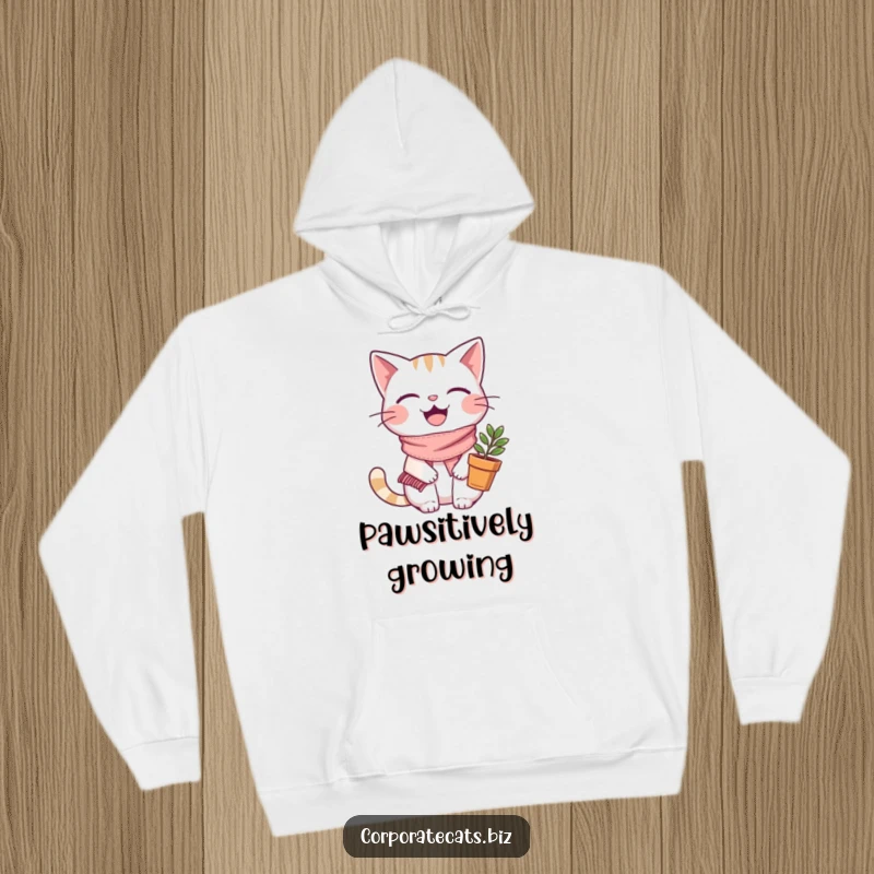 Funny joyful cat hoodie, wearing a tiny scarf and holding a plant pot, a cozy and heartwarming apparel choice.