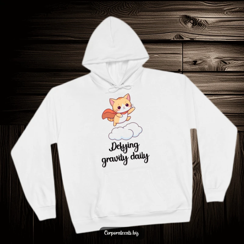 Funny cat in a cape, leaping between clouds, a cozy hoodie for brave souls. A wonderful funny gift.