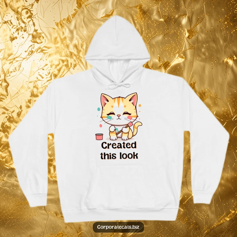 Funny Hoodie: An embarrassed cat artist smears colorful paint on its face while painting, looking sheepish.