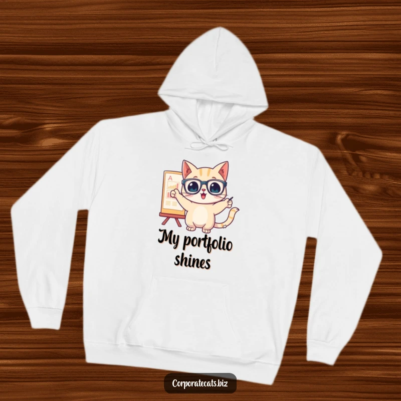 Cozy hoodie with a funny cat in glasses pointing enthusiastically at a chart, embodying insightful analysis.