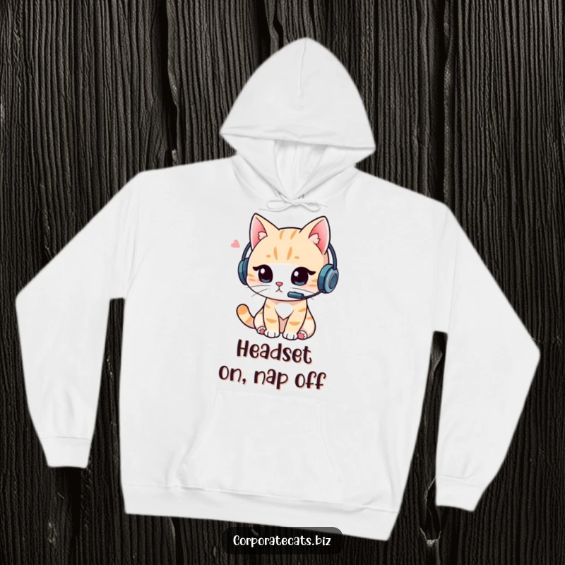 Funny Cat Gamer Hoodie: Comfortable hoodie featuring a cat wearing a headset and focused on a video call, ideal for gaming enthusiasts.