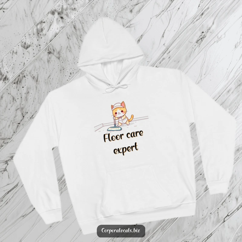 Funny Hoodie: An embarrassed cat janitor slides on a wet floor, scattering cleaning supplies with a surprised look.