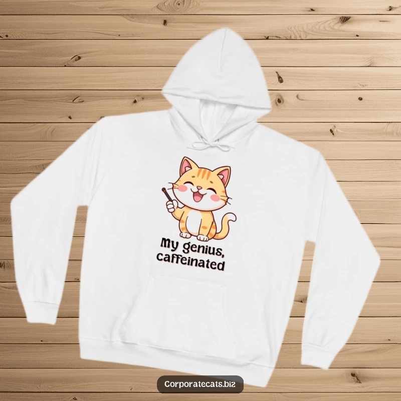 Funny joyful cat character giving a presentation with a pointer on a cozy hoodie, symbolizing confidence and smarts, a fun gift idea.